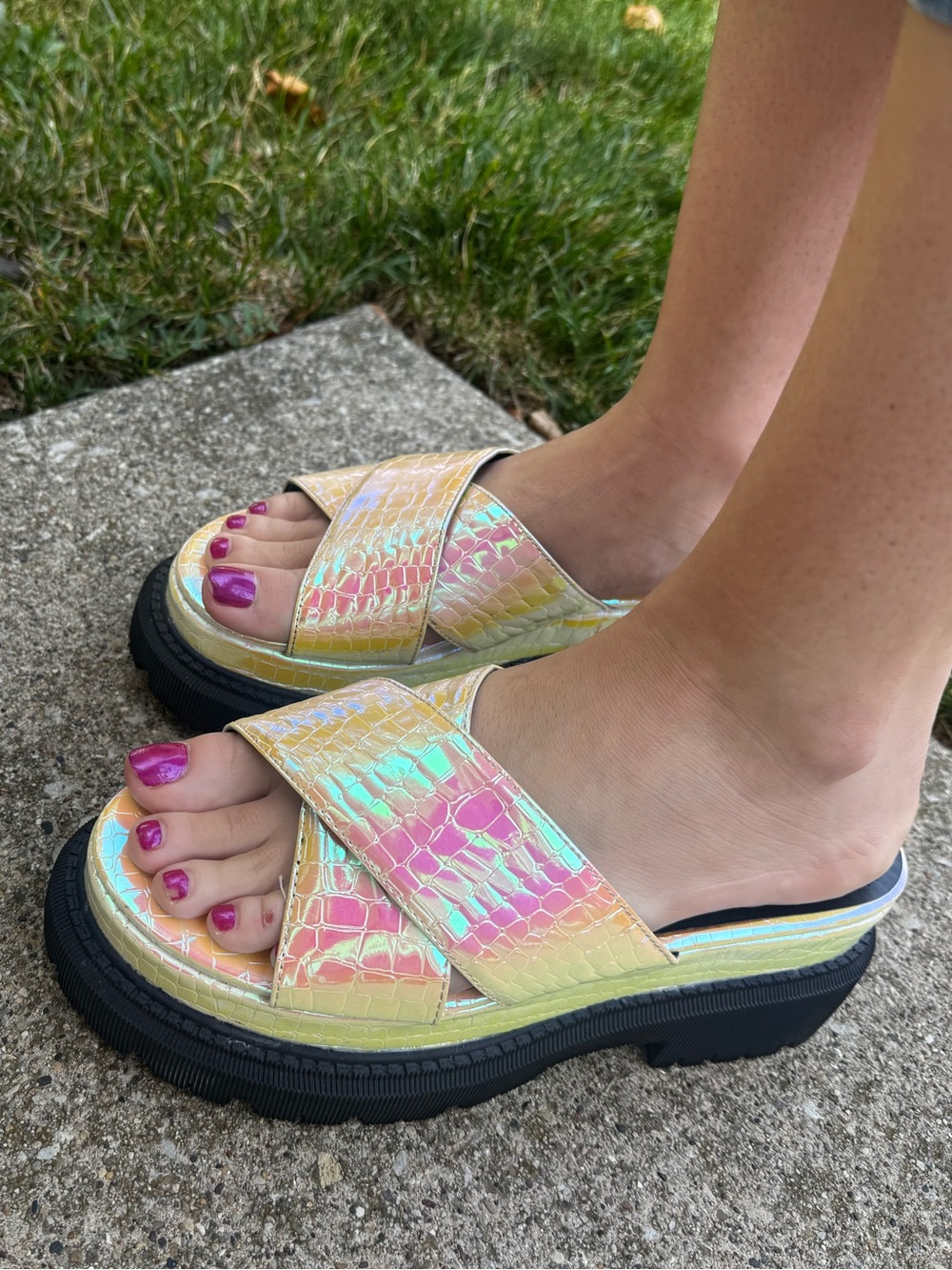 Iridescent Color shifting Platform Sandals - Yellow Pink Multi